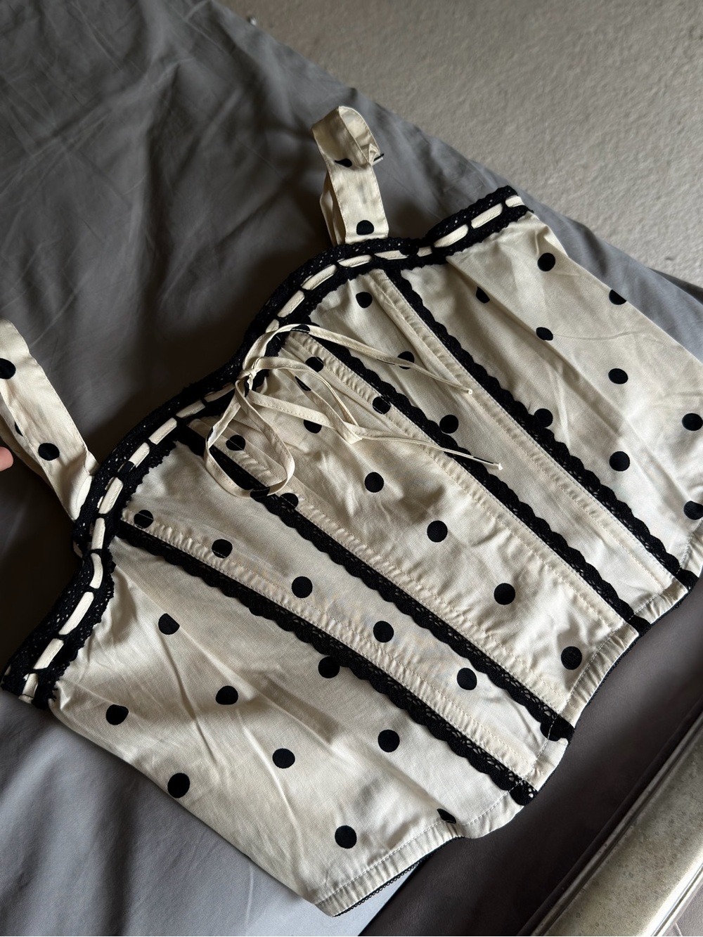 For Love & Lemons Cream Polka Dot Corset Tank with Black Trim